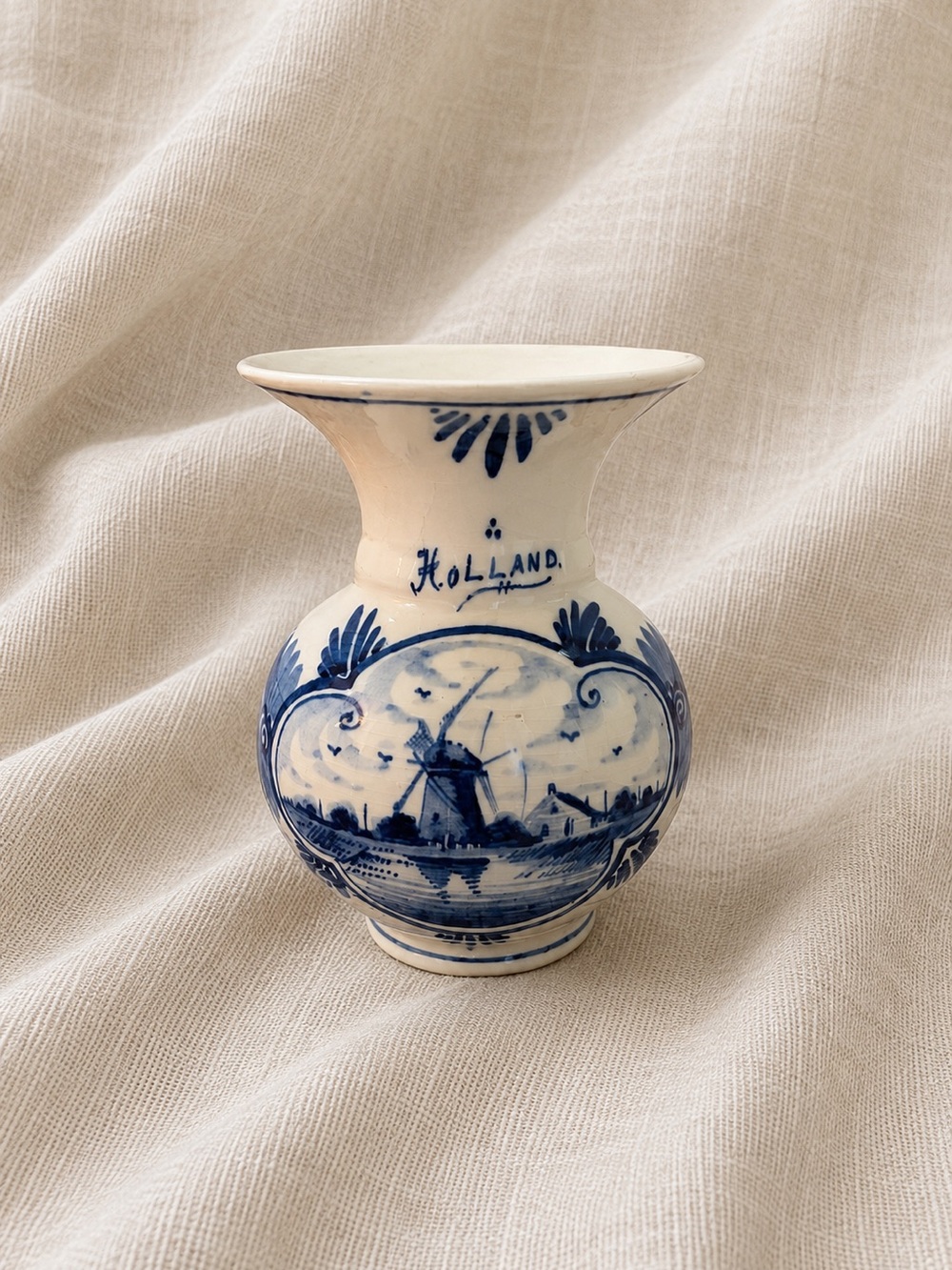 Vintage Dutch Delft Blue & White Windmill Vase | Hand-Painted Holland Pottery